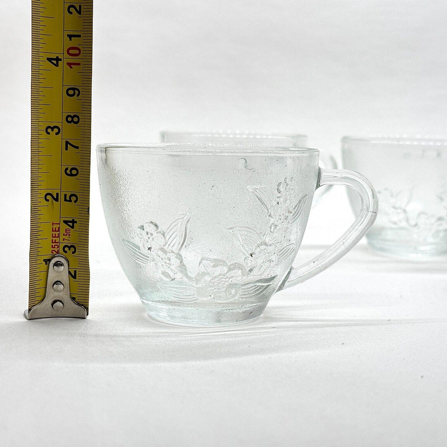 Clear Glass Teacups Embossed Floral Pattern