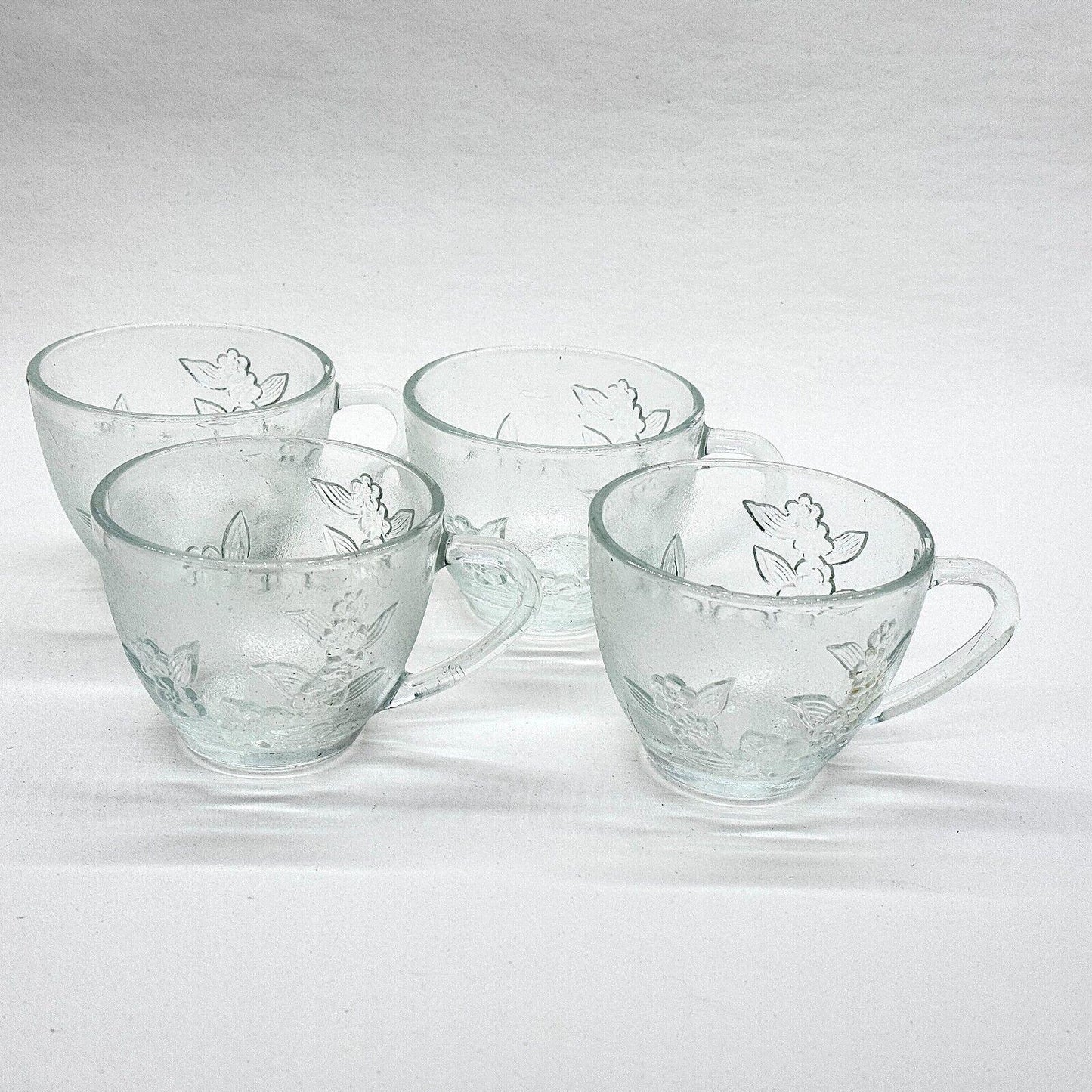 Clear Glass Teacups Embossed Floral Pattern