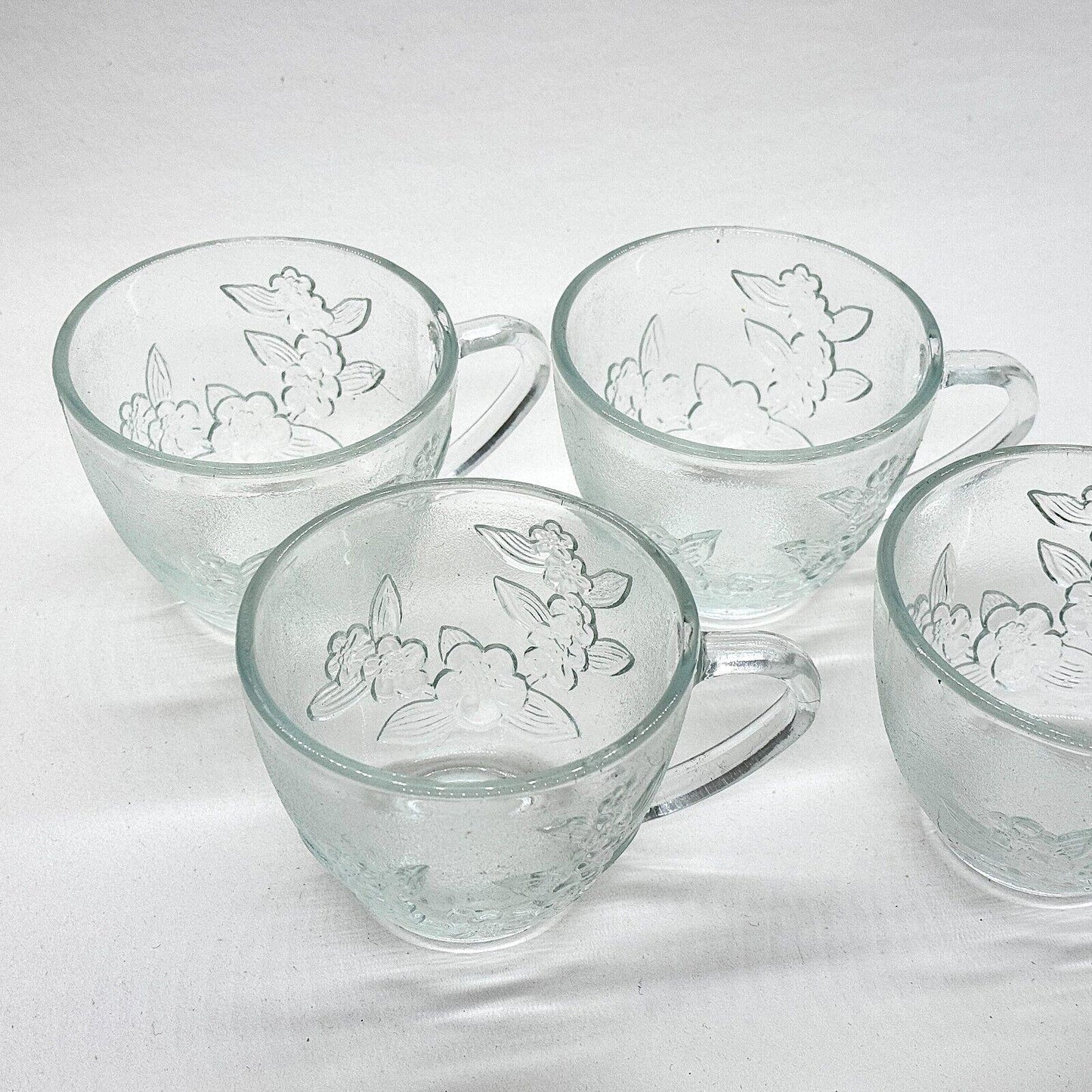 Clear Glass Teacups Embossed Floral Pattern