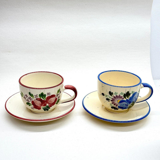 Large Cappuccino Coffee Cup & Saucer Set of 2 Red Blue Floral