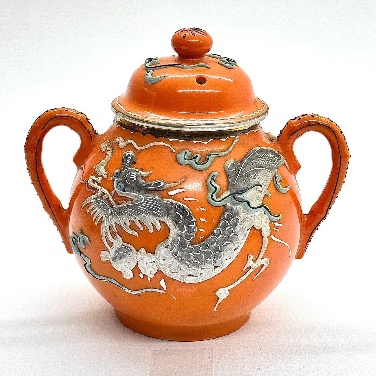 Japanese Porcelain Sugar Bowl Embossed Dragon Orange