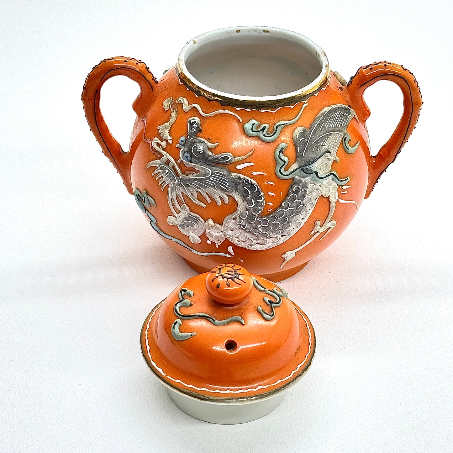 Japanese Porcelain Sugar Bowl Embossed Dragon Orange