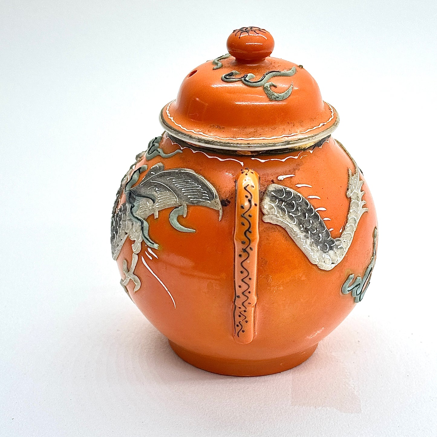 Japanese Porcelain Sugar Bowl Embossed Dragon Orange