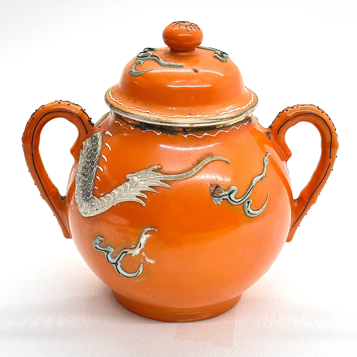 Japanese Porcelain Sugar Bowl Embossed Dragon Orange