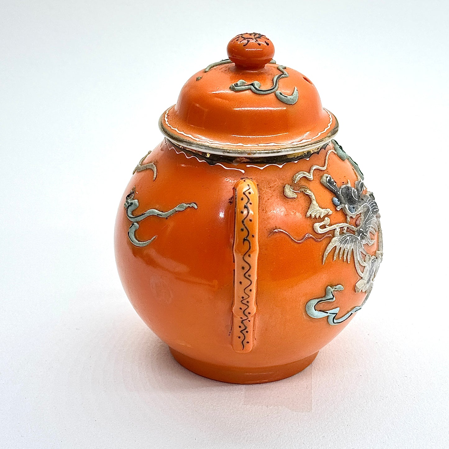 Japanese Porcelain Sugar Bowl Embossed Dragon Orange