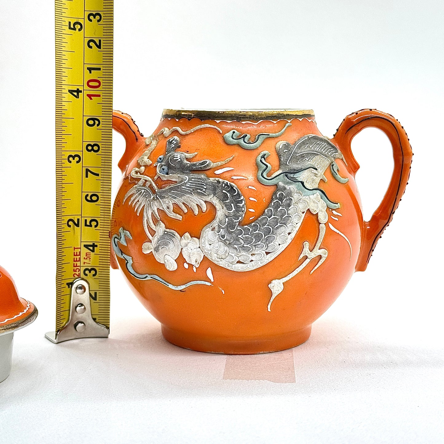 Japanese Porcelain Sugar Bowl Embossed Dragon Orange