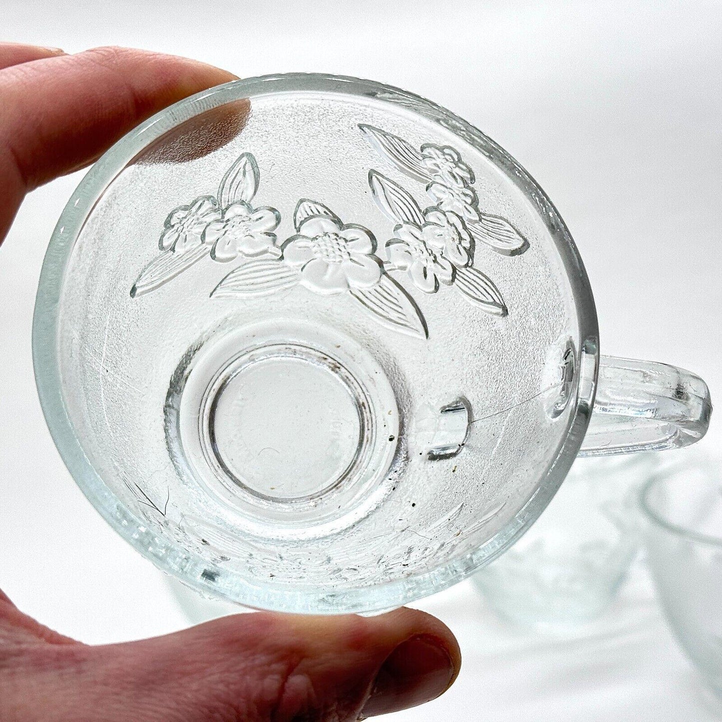 Clear Glass Teacups Embossed Floral Pattern