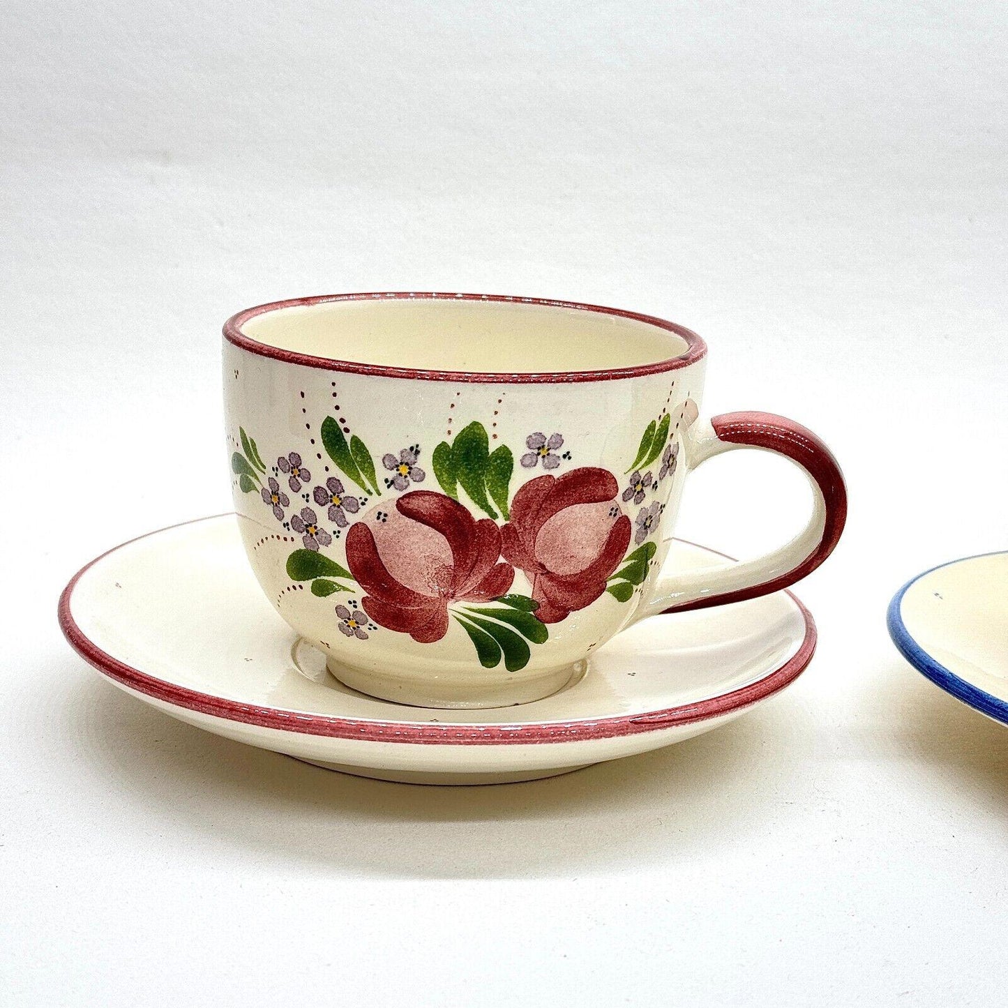 Large Cappuccino Coffee Cup & Saucer Set of 2 Red Blue Floral