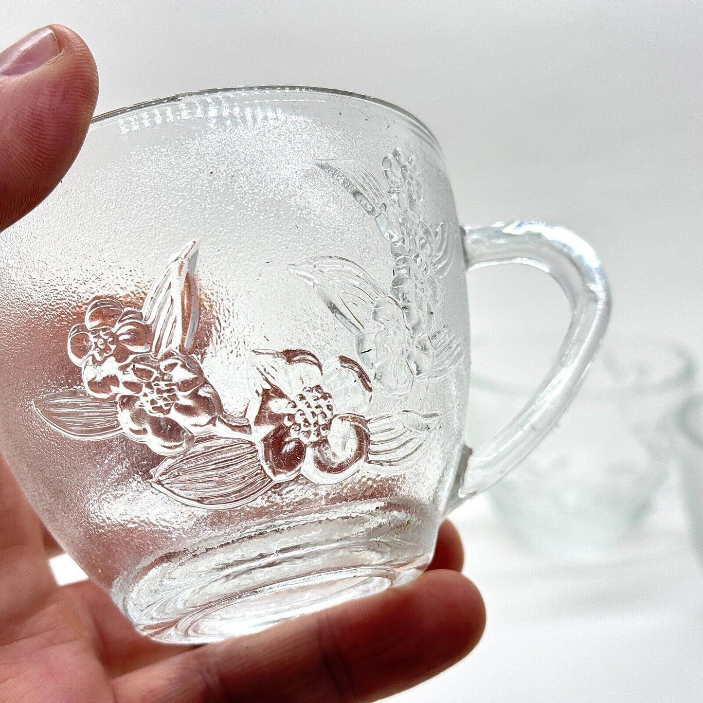 Clear Glass Teacups Embossed Floral Pattern